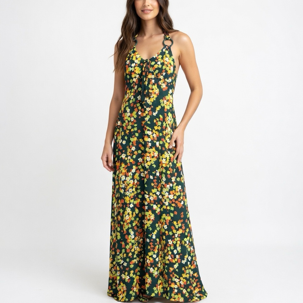 French Fact Vintage Green Floral Halter Dress Women Size Medium